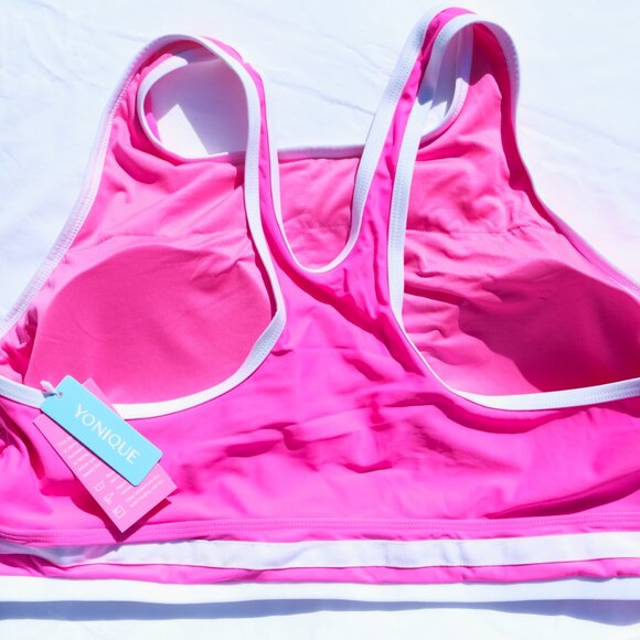 BRIGHT YONIQUE HOT PINK W WHITE STRIPES BATHING SUIT (see measurements) - Picture 2 of 5